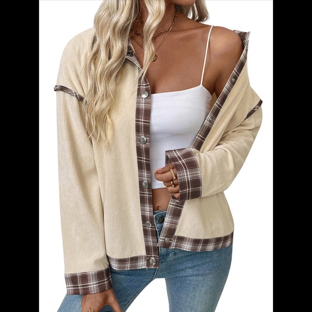 Chaqueta Vaquera con Botones A Presión para Mujer, Puños Holgados, Cuello A Cuadros, Abrigo Vaquero Moderno con Bolsillos, Ropa de y Otoño. Albaricoque S