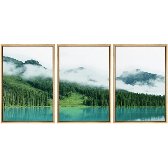 wall26 Framed Canvas Print Wall Art Set Cloudy Green Mountain Range Forest Lake Nature Wilderness Photography Realism Rustic Landscape Colorful for Living Room, Bedroom, Office - 24"x36"x3