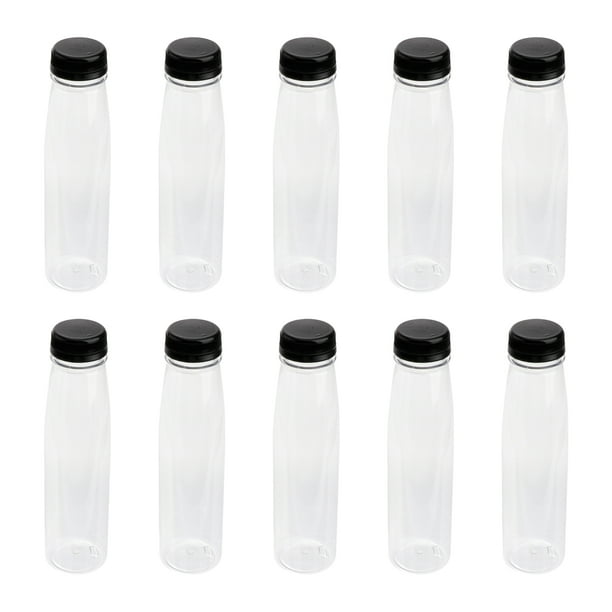 EeaseMX 10 envases vacíos de 330 ml, botellas PET transparentes de plástico para bebidas, zumos y zumos con tapas (tapas negras).