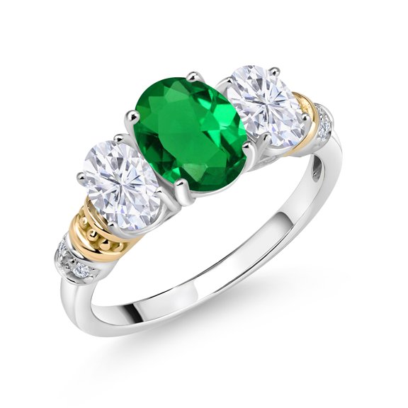 Gem Stone King 925 Sterling Silver and 10K Yellow Gold Oval Green Nano Emerald White Moissanite and White Diamond 3 Stone Ring for Women (1.78 Cttw, Gemstone May Birthstone, Size 6)