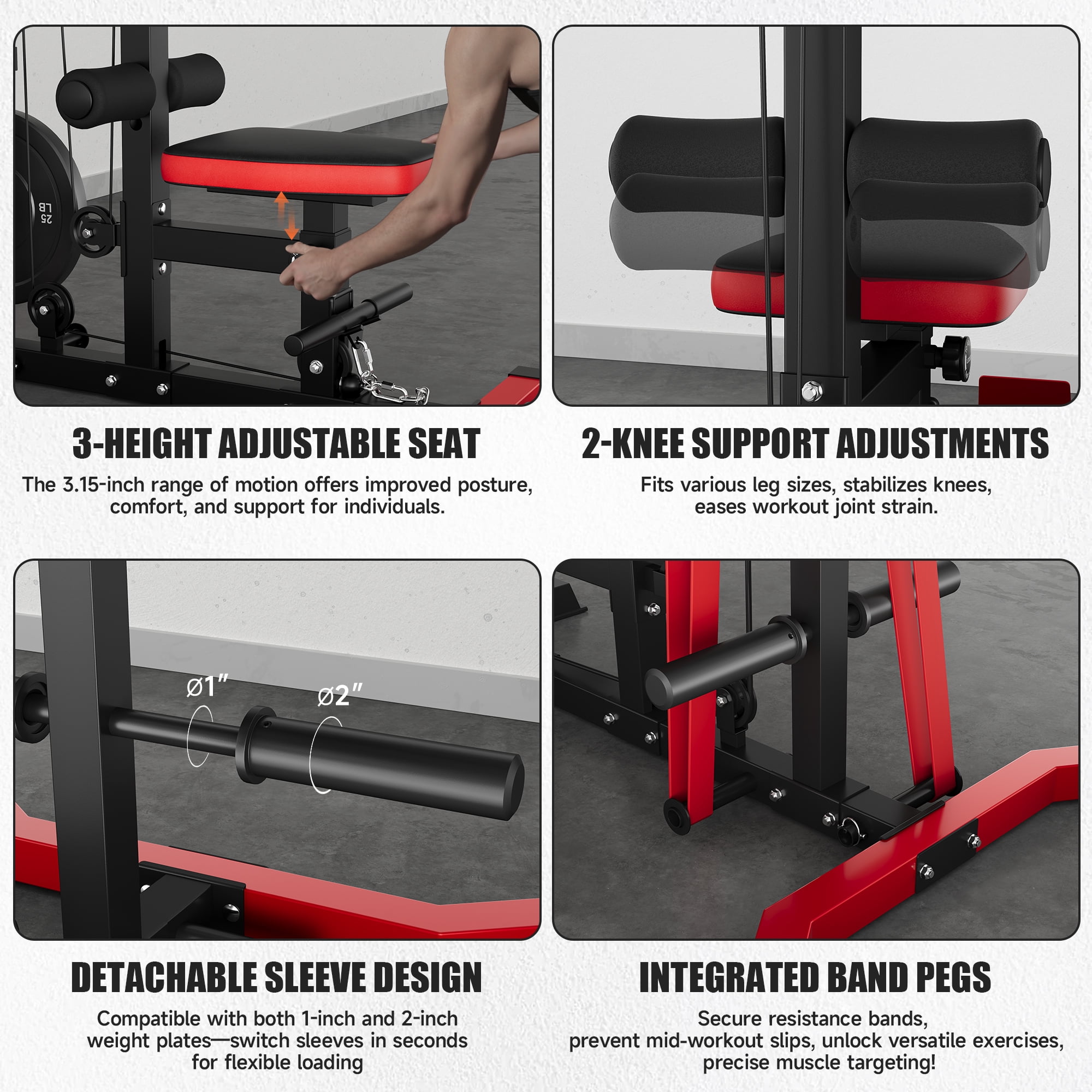 MITONOS 3 in 1 LAT Pulldown Machine,LAT Row Cable Machine with AB Crunch and Cable Row Attachments for Home Gym,High or Low Pulley Stations (Red)
