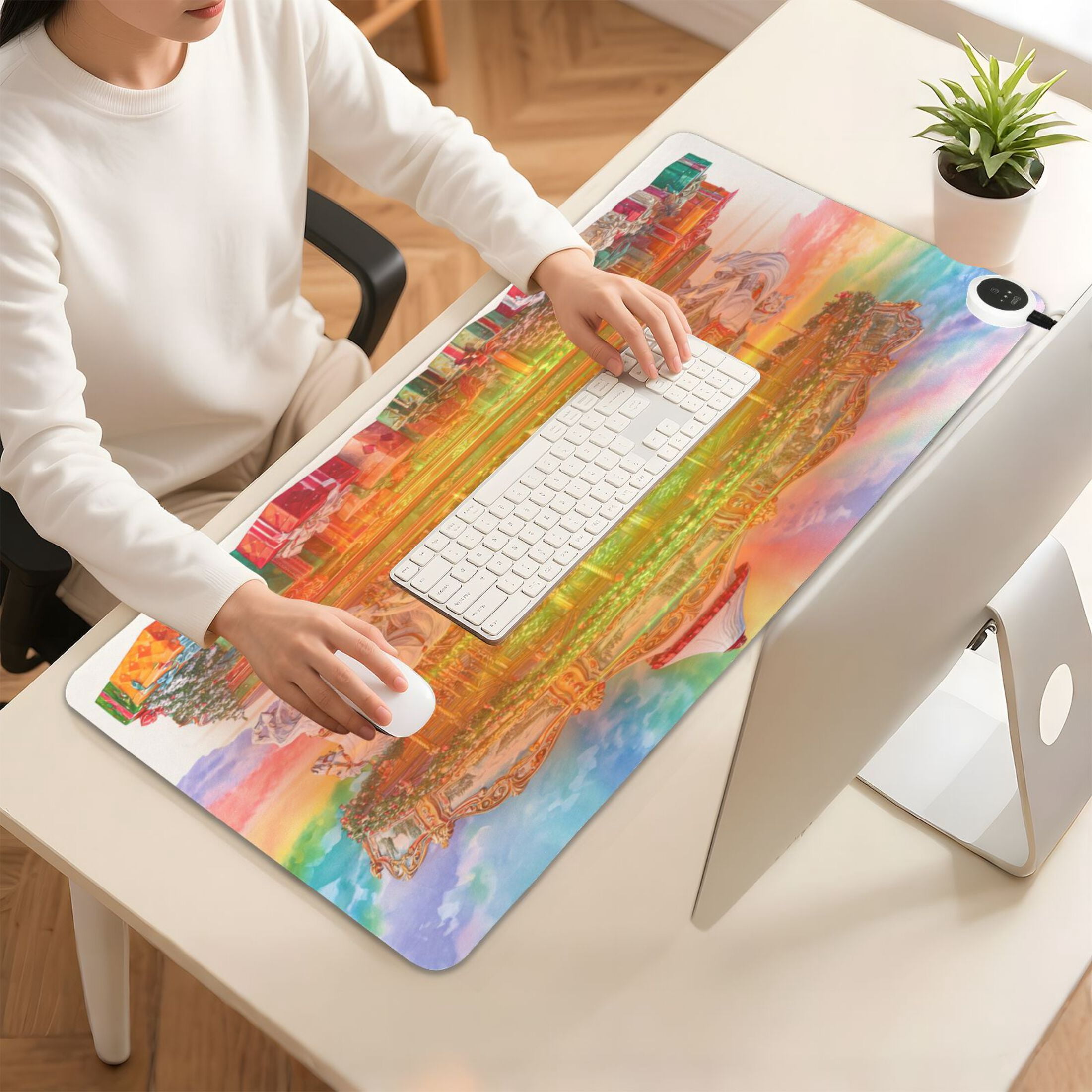 Large Heated Desk Mat Mouse Pad 31.5"x13"PU Leather Graphene Heating Desk Warmer with 3 Temperature Settings 110V US Plug Non-Slip Warm Pad for Home, Office, and Gaming Christmas Spinning White Horse