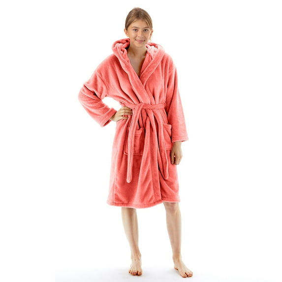 BC BARE COTTON Kids Microfiber Fleece Hooded Robe - Boys - Coral - Medium