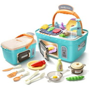 CUTE STONE Play Kitchen Picnic Toy Playset, Portable Picnic Basket Kids Kitchen Toys with Light and Music, Color Changing Play Foods, Play Sink toy, Pretend Play Oven and Kitchen Cooking Toys