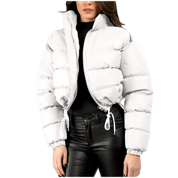 ZQUUVOU Women's Cropped Puffer Jacket Zip Up Winter Short Quilted Jackets Bubble Coat Stand Collar Trendy Outerwear White