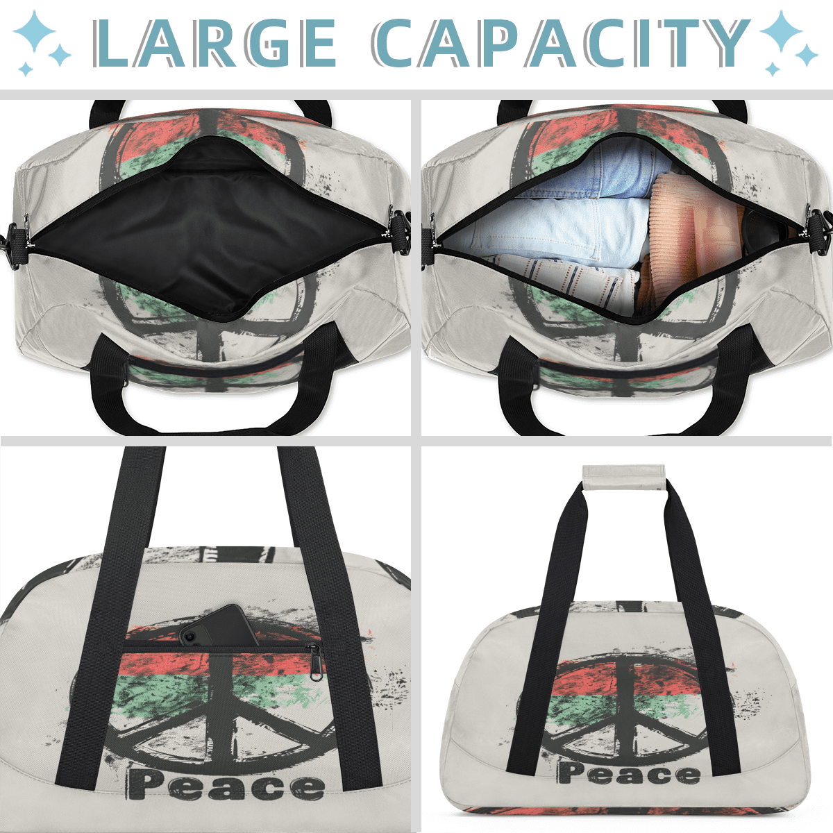 Herdesigns Peace Sign Sports Duffle Bag for Women & Men, Peace Symbol Gym Bag Dance Bag Overnight Bag Carry On Weekender Travel Bag