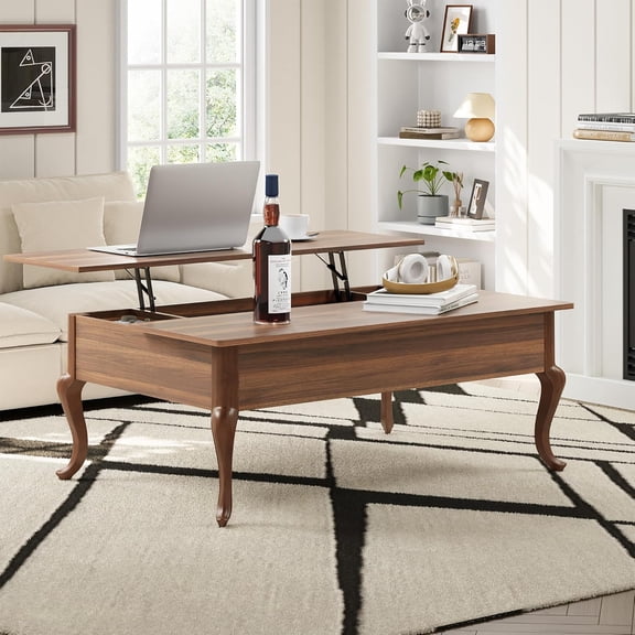Lift Top Coffee Table, Farmhouse Coffee Table with Hidden Storage, Wood Center Table Dining Table for Living Room, Apartment, Home Office (Walnut)