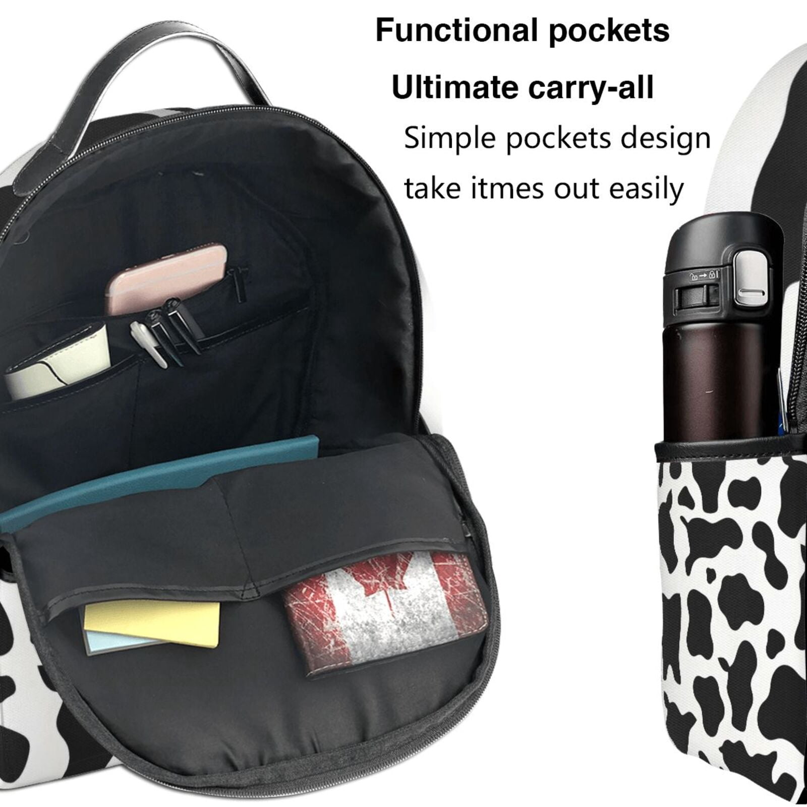 Lightweight Backpack With Adjustable Shoulder Strap Empty Bag Upright 12×14.5in For Weekend Holiday Travel Hiking Simple Cow Print Pattern, Vector Art Style_4