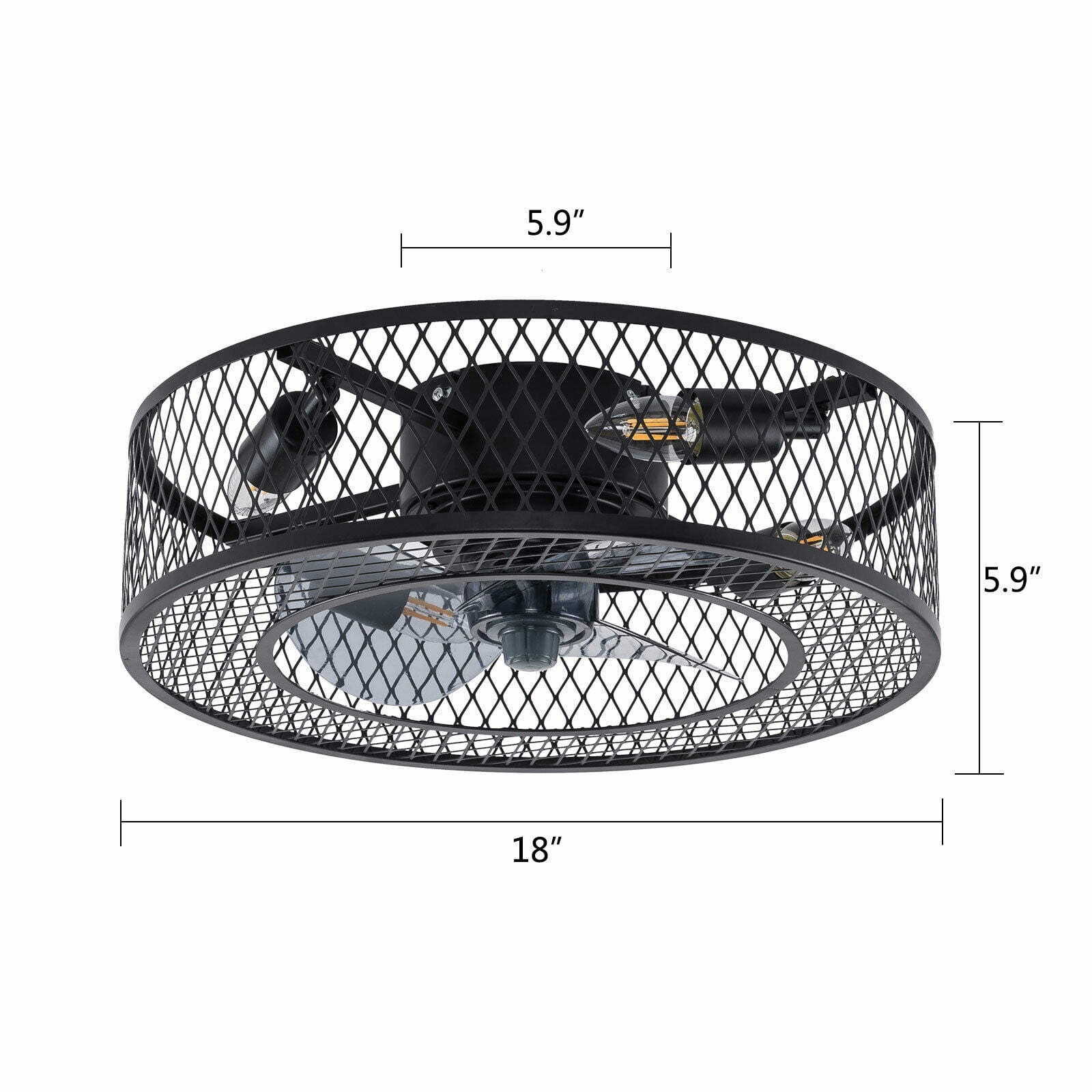 Miumaeov 18'' Rustic Metal Caged Ceiling Fan Light Semi Flush Mount Fan Chandelier 3 Speeds with Remote Control Black