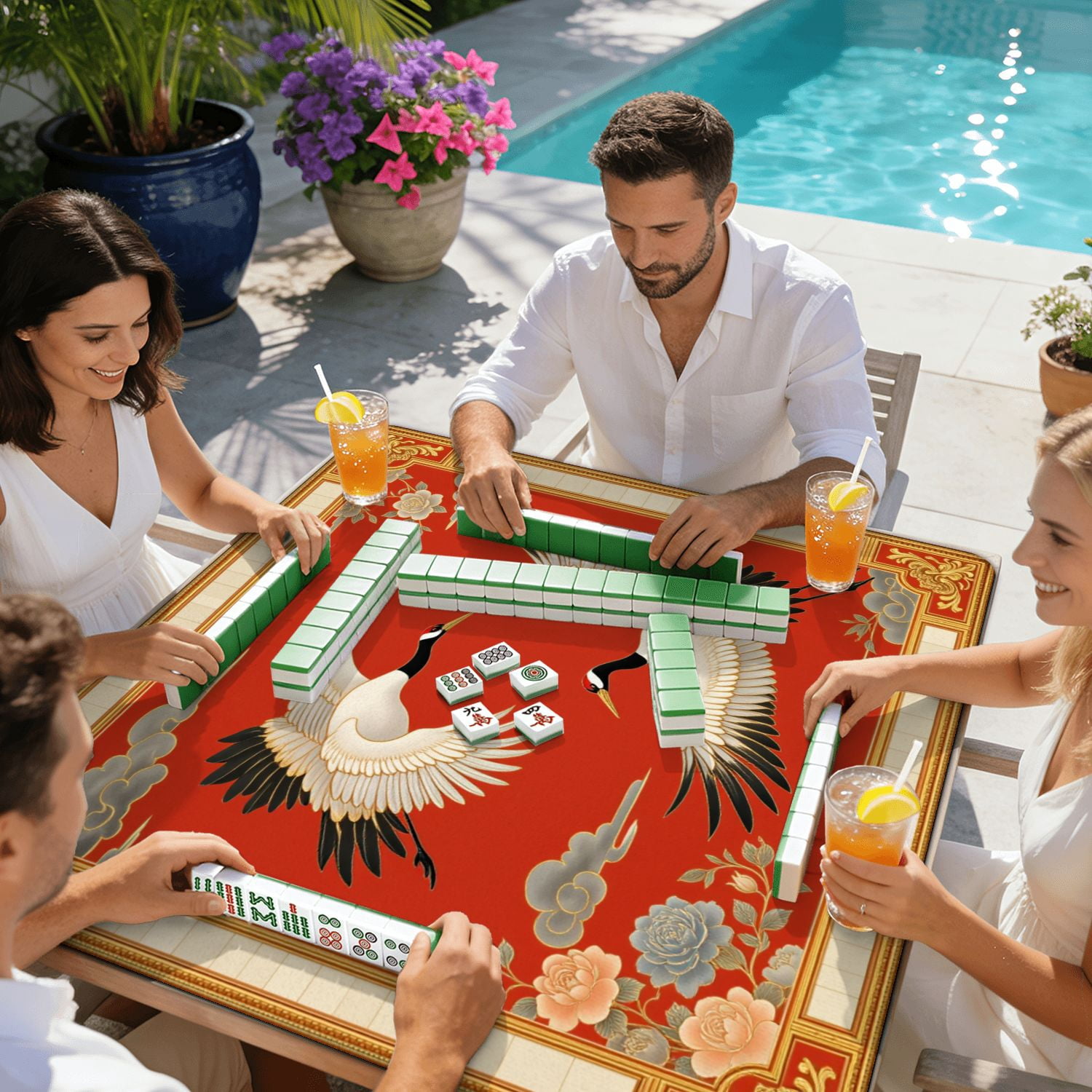 Mahjong Mat 31.5" x 31.5" Elegant Cranes Traditional Chinese Style Floral Accents Red Non-Slip Noise Reduction American Mahjong Tiles Table Cover for Dominoes Poker Card Board Games Gift