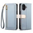 thumbnail image 2 of ESEBLE Leather For iPhone 16 Case With 3-Card Holder Zipper Bills Slot, Makeup Mirror，Soft PU Leather Detachable Lanyard Shoulder Strap And Wristlet Wallet Case,Blue,For iPhone 16, 2 of 9