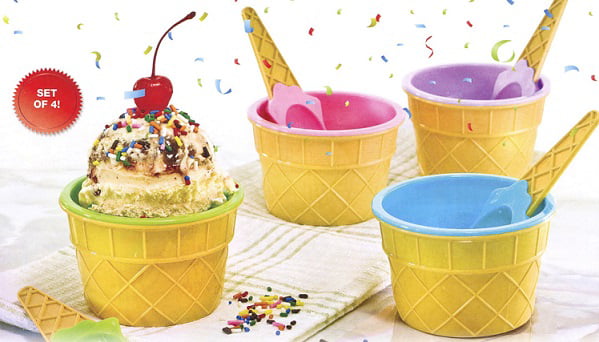 Set of 4 Ice Cream Cone Shaped Retro Sundae Dish Plastic Party Bowl Set Ice Cream Dishes 