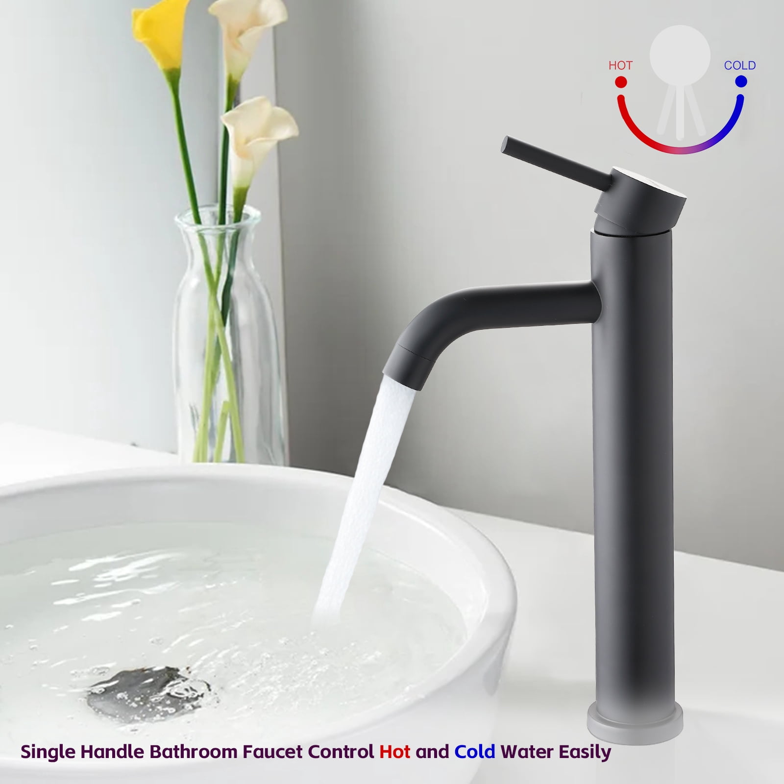 MAYEERTY Modern Single Handle One-Hole Tall Vessel Bathroom Sink Faucet, Stainless Steel, Matte Black