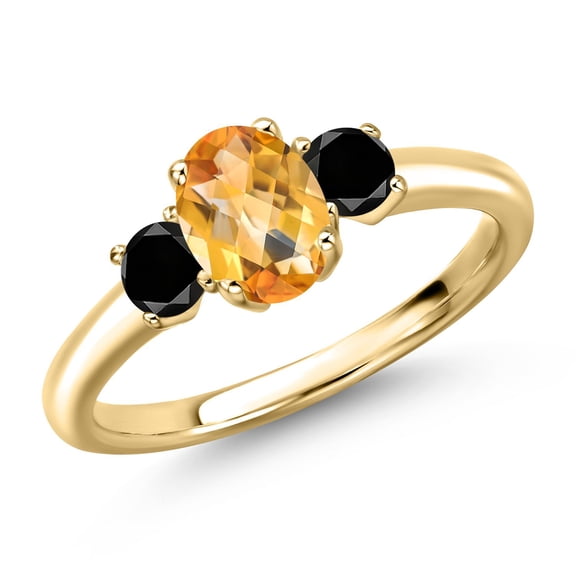 Gem Stone King 10K Yellow Gold Yellow Citrine and Black Diamond Engagement Ring for Women | 1.07 Cttw | Oval Checkerboard 7X5MM | Gemstone November Birthstone | Size 5