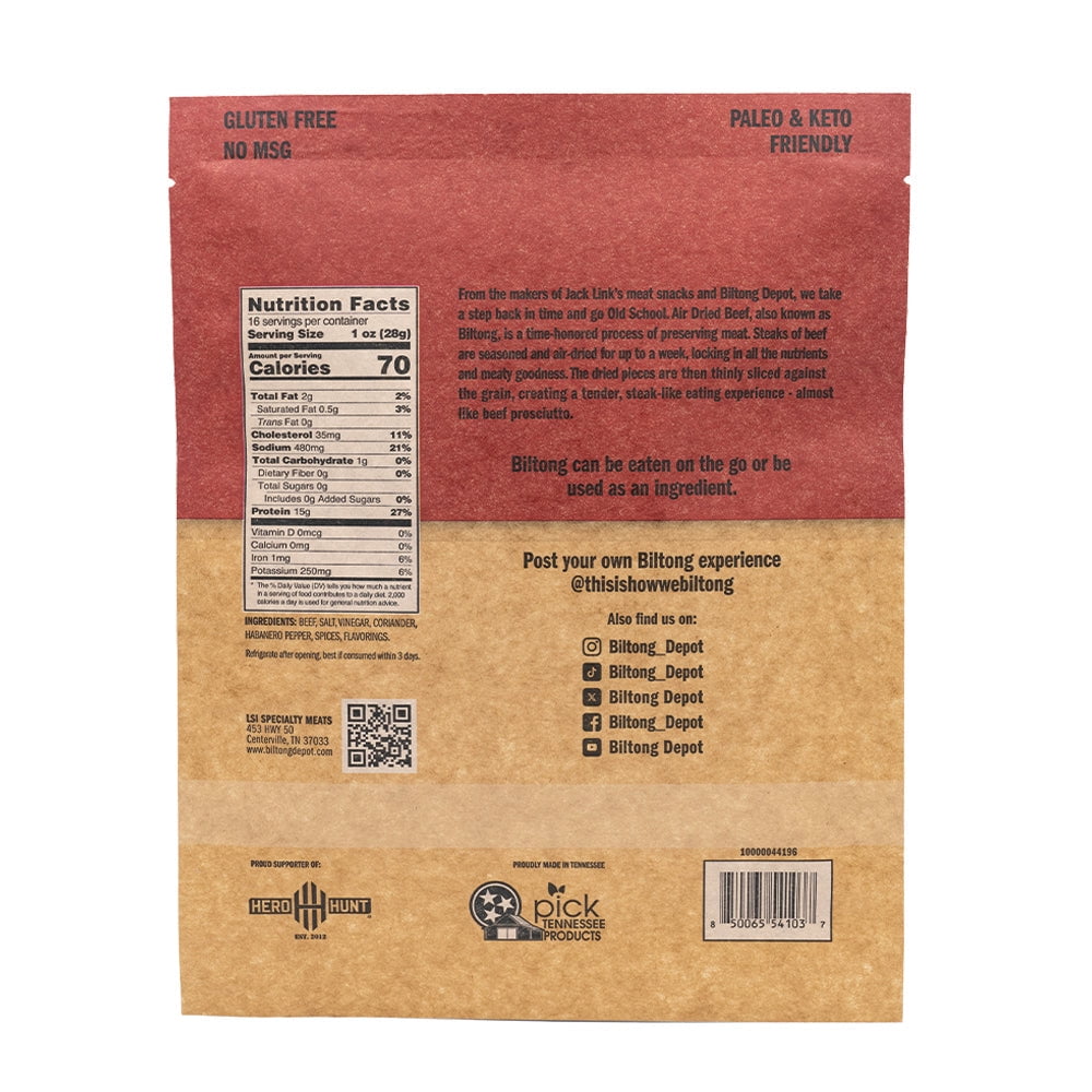 Biltong Depot Habanero Chili Biltong (8oz): High Protein Snack, No Sugar, Spicy Natural Dried Beef Jerky