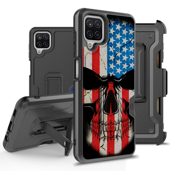 ANJ Rugged Hybrid Shockproof Case w/Kickstand Holster Clip Card Slot Cover for Samsung Galaxy A12 (2021 Release) - American Skullcap