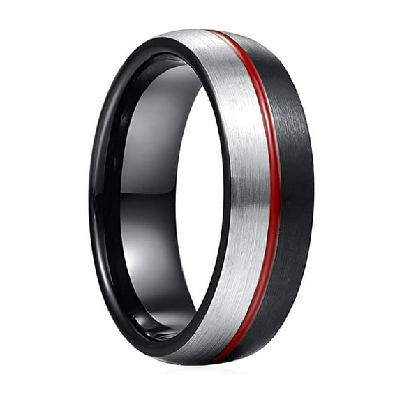 NUNCAD 8mm Black Matte Tungsten Ring Red Groove Two Tone Domed Brushed Finish Wedding Band for Men Comfort Fit Size 7-12