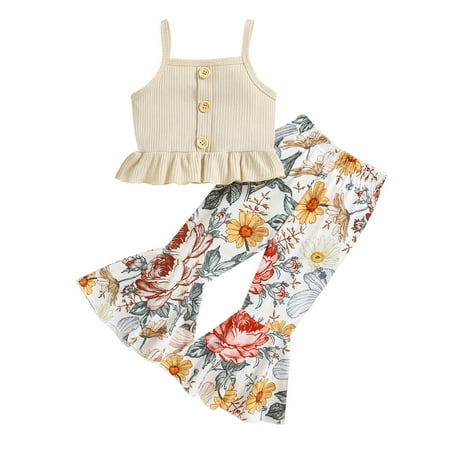 

REORIAFEE Newborn Baby Girls Clothes Outfits Set Toddler Baby Girls Fashion Cute Flowers Print Flared Pants Ruffles Suspenders Top Suit Beige 4-5 Years