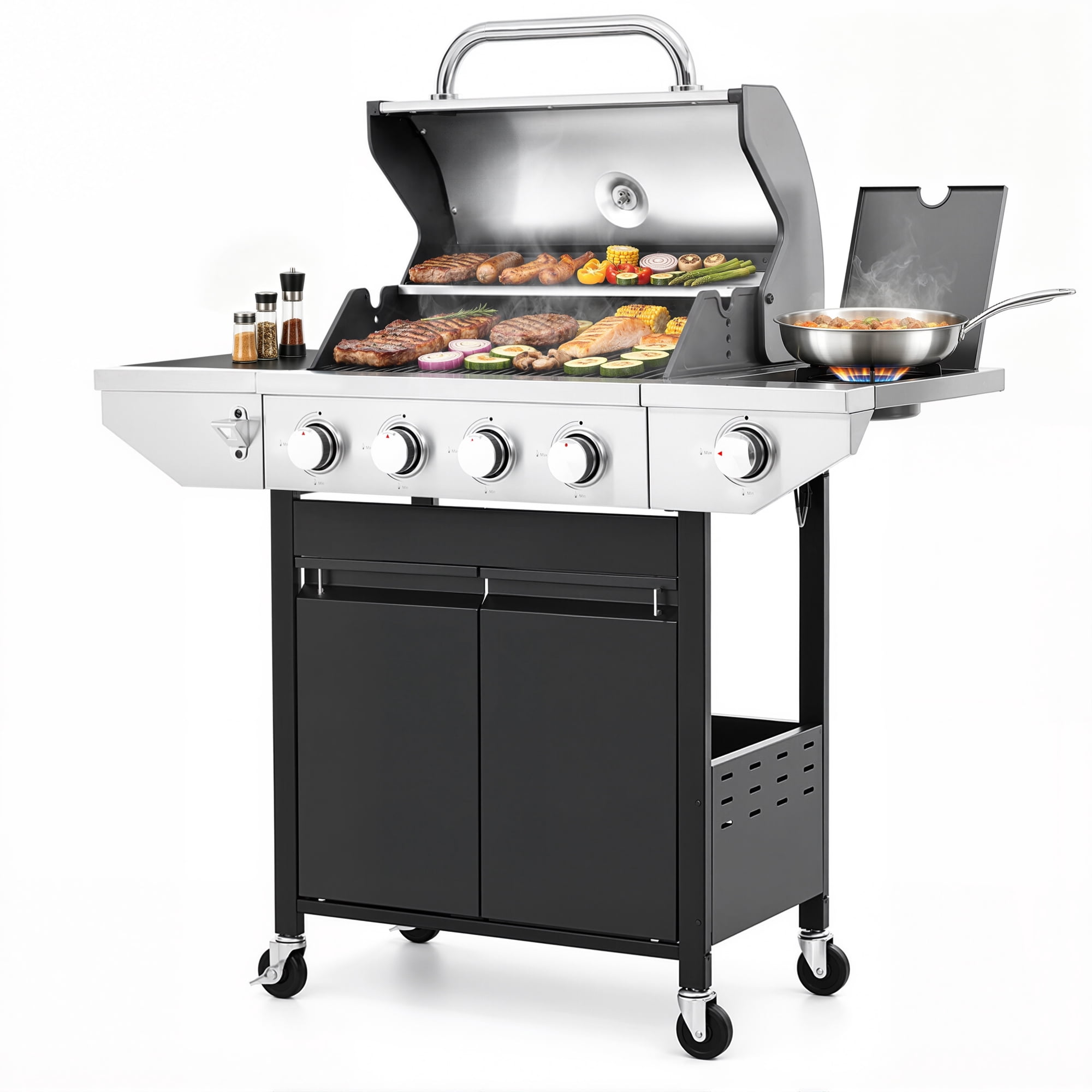 SEGMART 4 Burner Propane Gas Grill with Side Burner, 46,500 BTU Outdoor Cooking BBQ Grill with Porcelain-Enameled Cast Iron Grates, Equipped with Temperature, Tool Hooks, and Bottle Opener
