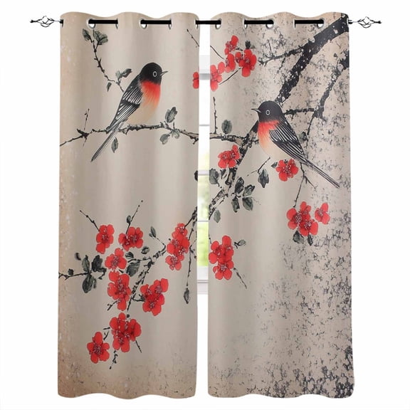 Vintage Red Floral Blackout Curtains for Bedroom/Living Room, Thermal Insulated Kitchen Curtains, Farmhouse Birds Botanical Grommet Darkening Window Treatment Drapes 42"x63"x2