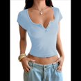 thumbnail image 1 of Camisetas de Corta de Verano 2025 para Mujer, con Cuello Henley Acanalado y Botones, Corte Entallado, Básicas e Informales. Azul L, 1 of 8