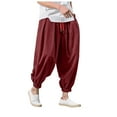 thumbnail image 6 of Mens Hippie Harem Pants Baggy Linen Stretchy Waist Drop Crotch Lightweight Pants Loose Spring Summer Red XXL, 6 of 6