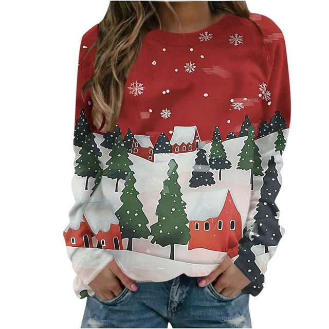 Ruimatai Chandail de Noël Laid pour Femmes, Chandail de Vacances Doux Mi-Lourd Chaud à Col Rond, Blouse Imprimée de Noël à Manches Longues pour Femmes, Col Rond, Hauts Décontractés