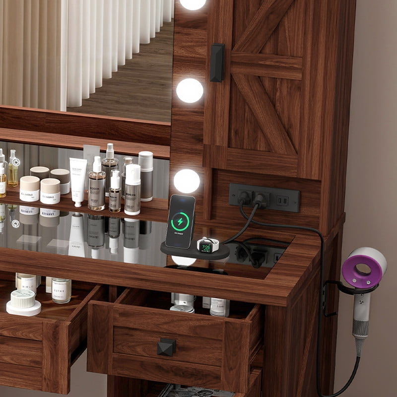 Uforic 42" Farmhouse Makeup Vanity Set with Lighted Mirror & Drawers, ,Vanity Desk with Charging Station & Glass Top, Brown
