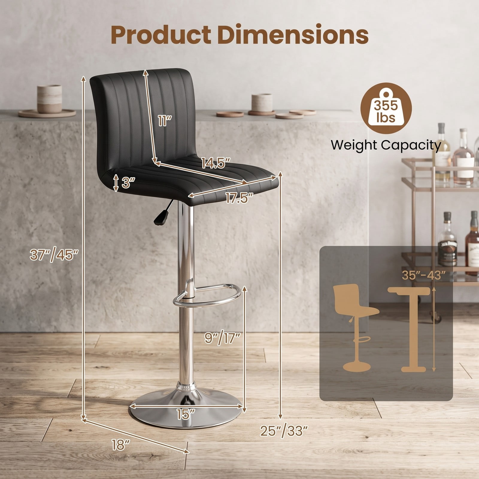 Furnibear Adjustable Swivel Bar Stools Set of 2, 360-Degree Counter Height Barstools with Backrest and Footrest, Faux Leather Padded Kitchen Island Chairs with, Black