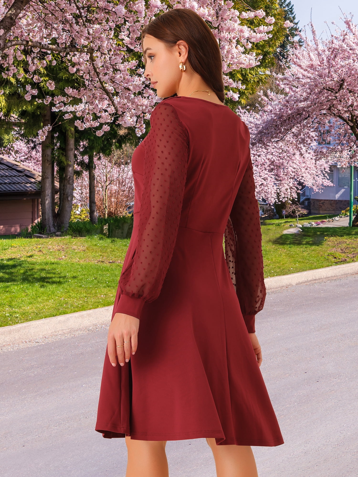DARING DIVA Long Sleeve Square Neck Dress S Wine Red