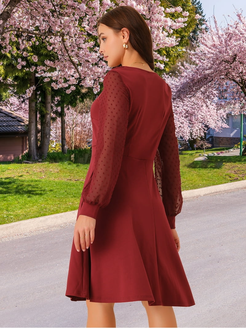 red square neck dress long sleeve Daring Diva Long Sleeve Square Neck Dress XL Wine Red, Women's