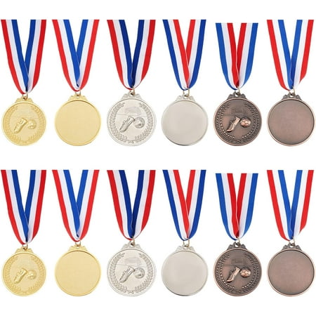 12 Packs Sport Game Medals Winner Award Sports Medals Genuine Award Medals Gold Silver and Bronze Medals Soccer Sports Medals with Nick Ribbon for Sports Soccer GamesMixed Color