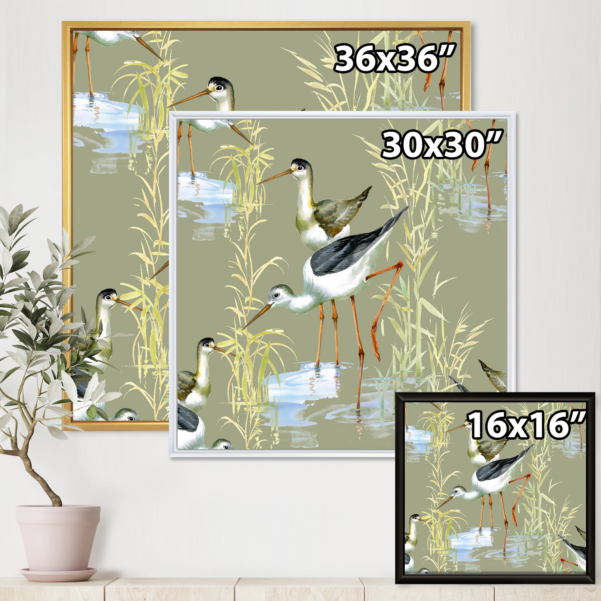 Designart 'Herons Birds In The Gray Water' Farmhouse Framed Canvas Wall Art Print