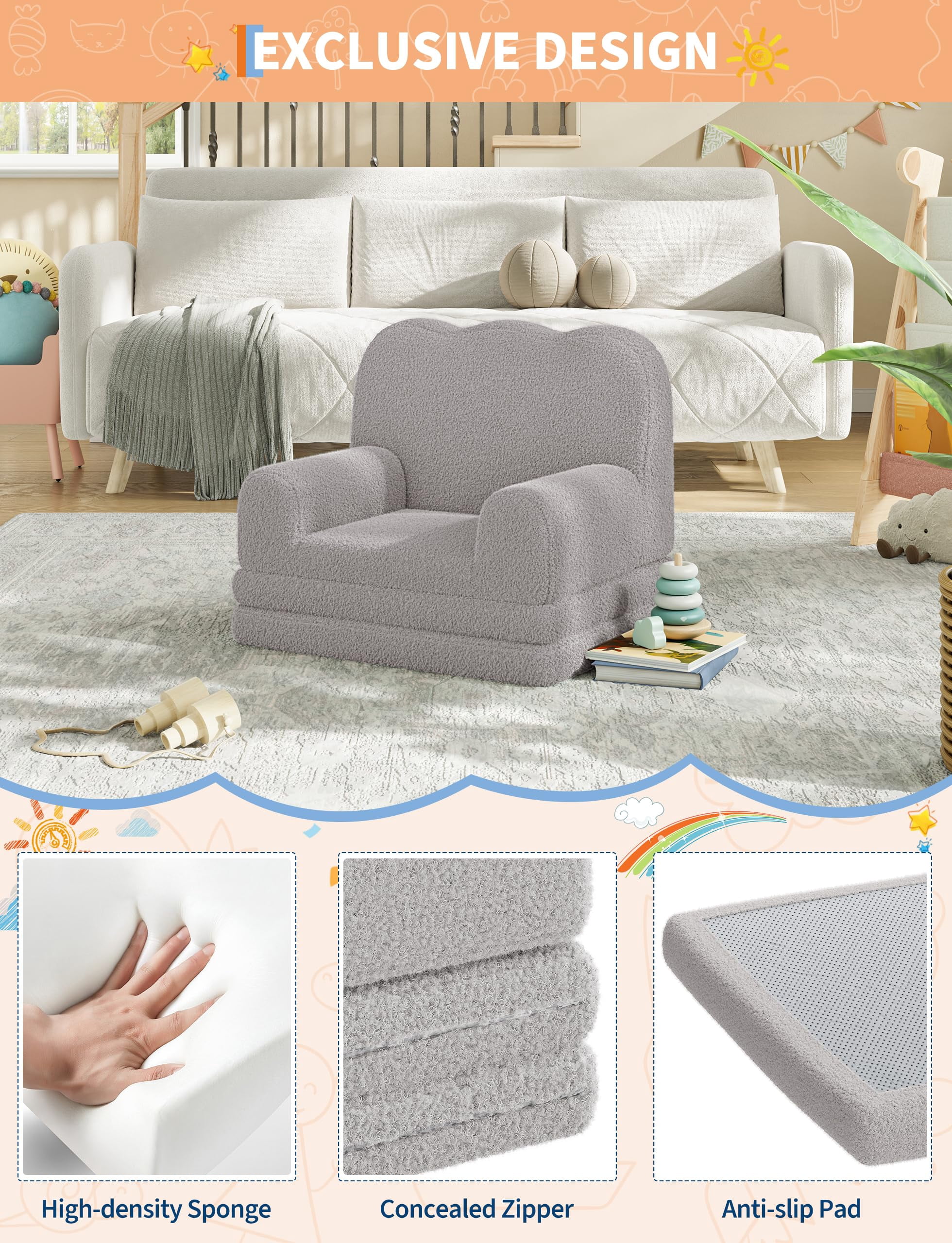 Kojooin Kids Couch, 2-in-1 Convertible Teddy Fleece Fabric Toddler Sofa Chair, Soft Fold Out Couch Lounger for Kids, Comfy Children's Sofa Bed for Playroom, Nursery, Birthday Gift