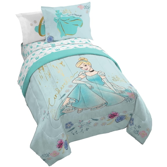 Jay Franco Kids Comforter Set Includes Sheets and Pillow Covers - Soft and Cozy Bed Set for Stylish Room Decor, Official Licensed Bedding, Blue - Princess Cinderella, 5 Piece Twin