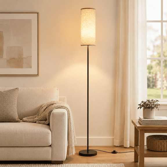 SUNICOL 68" Modern Tall Floor Lamp with Linen Shade, 9W 3-Color Temperature E26 LED Bulb Included, Minimalist Standing Pole Lamp with Foot Switch, Black Metal Base for Living Room, Bedroom, Office