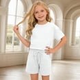 thumbnail image 2 of LIIPEE Girls Outfit Sets Casual Solid Color Loose Fit Short Sleeve Crew Neck Tee Tops Pockets Drawstring Shorts 2 Piece Set Kids Children Comfortable Breathable Cute Clothing,White,7-8 Years, 2 of 6