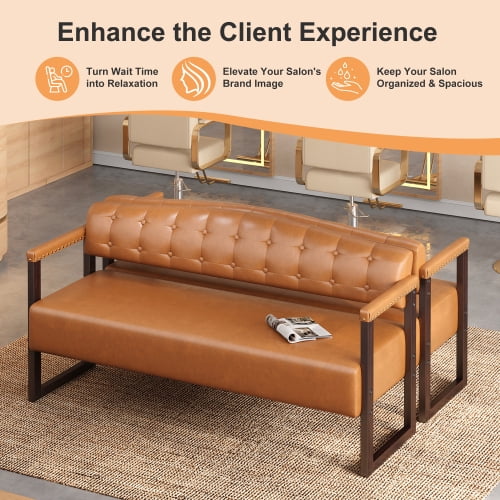 57.83" Waiting Room Bench, Mid-Century Modern Reception Sofa with Tufted Backrest and Nailhead Trim, Black PU Leather Commercial Waiting Bench for Beauty Salon, Spa, Office, Barber Shop, Dark Brown