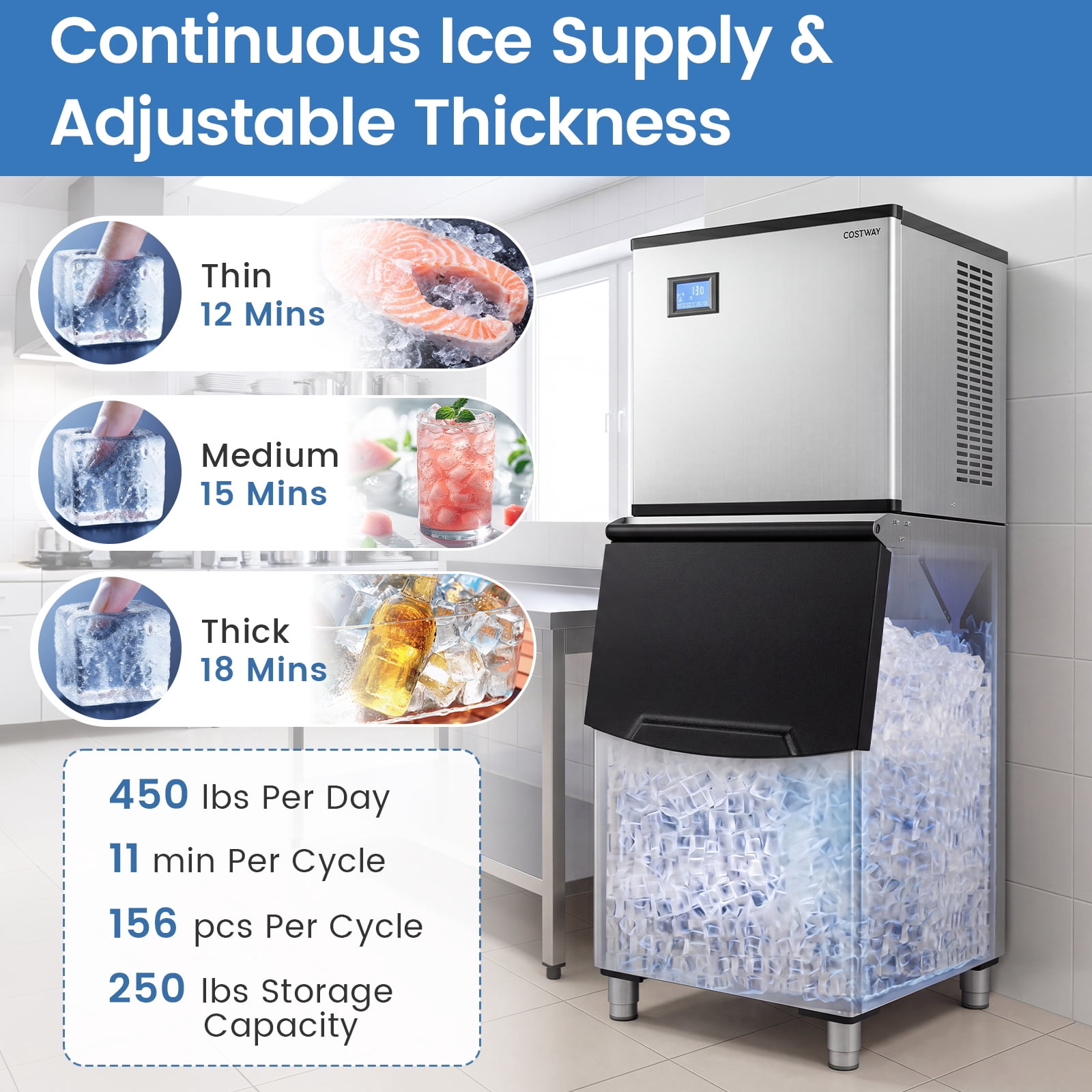 Costway Commercial Ice Maker 450 lbs/24H Ice Machine with 250 lbs Storage Bin Self-cleaning