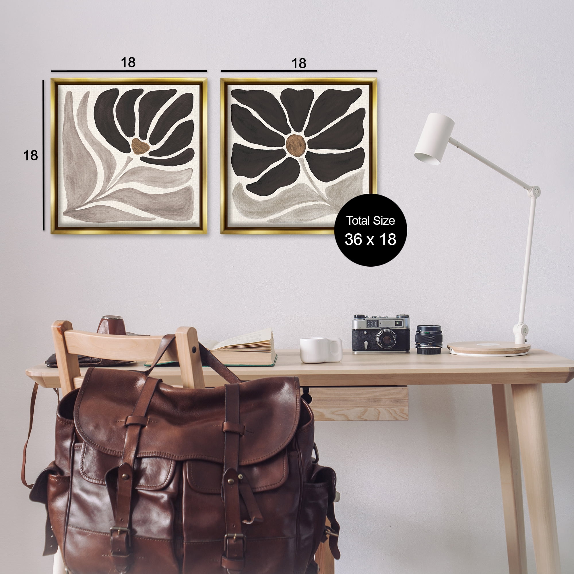 Stupell Industries Large Modern Flower Plants & Flowers Painting Gold Floater Framed Canvas Art Print Wall Art, 18 x 18, Set of 2