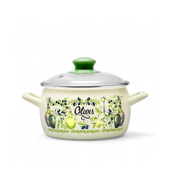 METALAC Olives Enamel Stockpot with Glass Lid 2.3 Qt (2.2 L) Enameled Steel Stock Pot for Cooking Induction Soup Pot