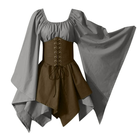 Fall and Winter Savings Clearance 2024! Antqov Dresses for Women Women s Halloween Vintage Dress Women Costumes Gothic Sleeve Corset Dresses Sleeve Round-Neck Knee-High Dress Gray L