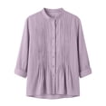 thumbnail image 6 of Nmnitkp Women's Mandarin Collar Pleated Front Button Down Shirt Cotton Linen Roll Up Long Sleeve Loose Casual Blouse for Fall Work Office Daily Wear Purple,XL, 6 of 6