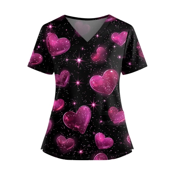 HAJWOH Womens Valentine's Day Scrub Tops 4XL Short Sleeve Nursing Uniforms Funny Shamrock Print Vneck Nursing Shirt Causal Lightweight Scrubs Black XXXXL
