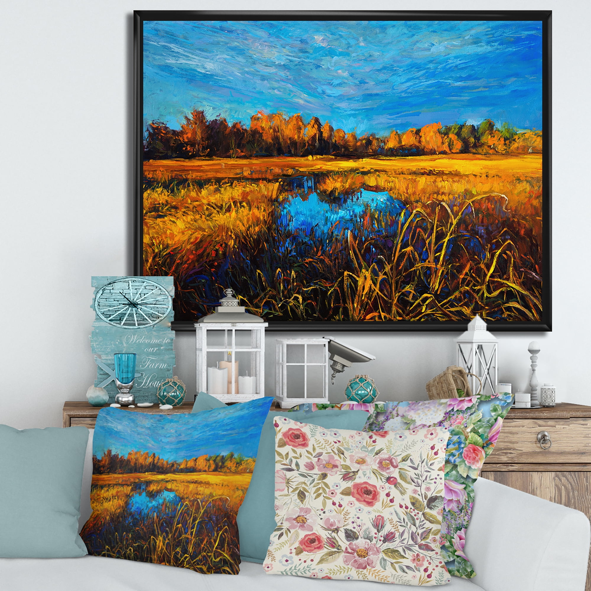 Designart 'A Light Blue Sky Over Orange Meadows' Traditional Framed Canvas Wall Art Print