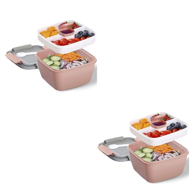 Billuyoard Compartimentos para ensaladera para mujer, caja de almuerzo de frutas, comida segura para microondas, juego de vajilla a prueba de Rosado 2piezas