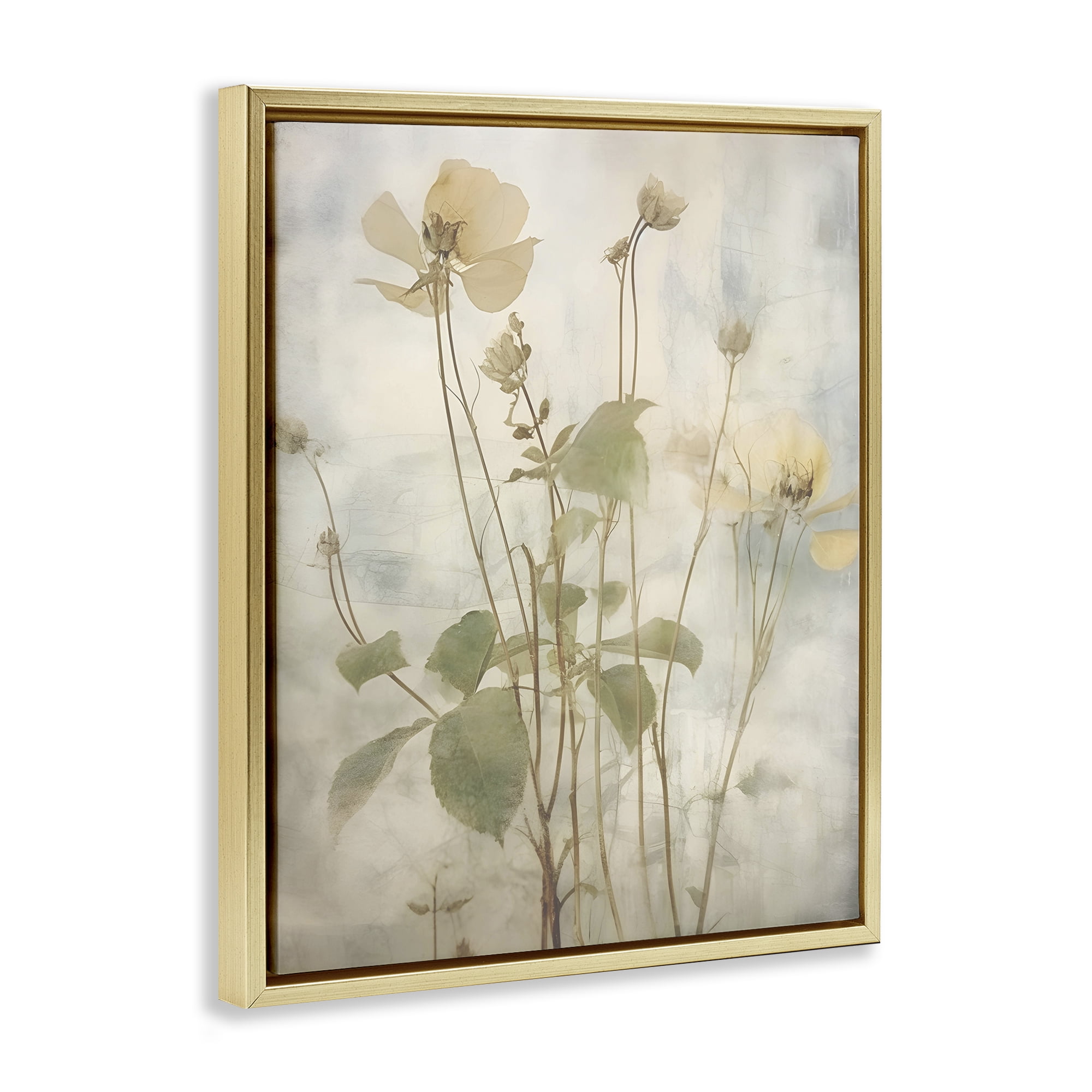 Stupell Industries Soft Botanicals Pattern Plants & Flowers Painting Gold Floater Framed Canvas Art Print Wall Art, 25 x 31