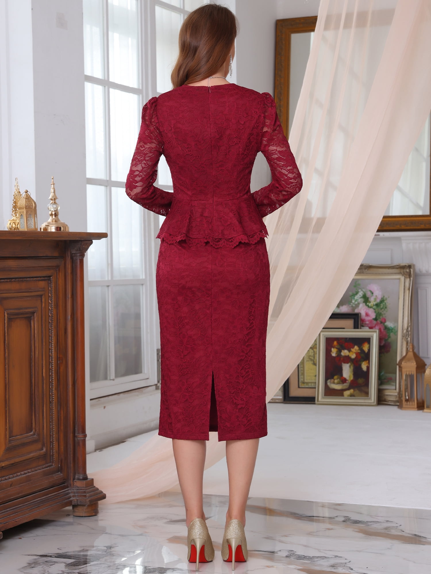 DARING DIVA 2Pcs Women's Outfits Peplum Top Wedding Cocktail Skirt Set M Burgundy