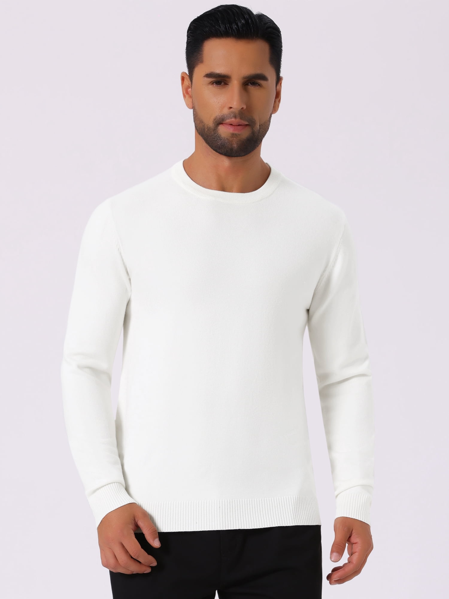 DARING DIVA Men's Solid Crew Neck Long Sleeve Soft Knit Pullover Sweater L White