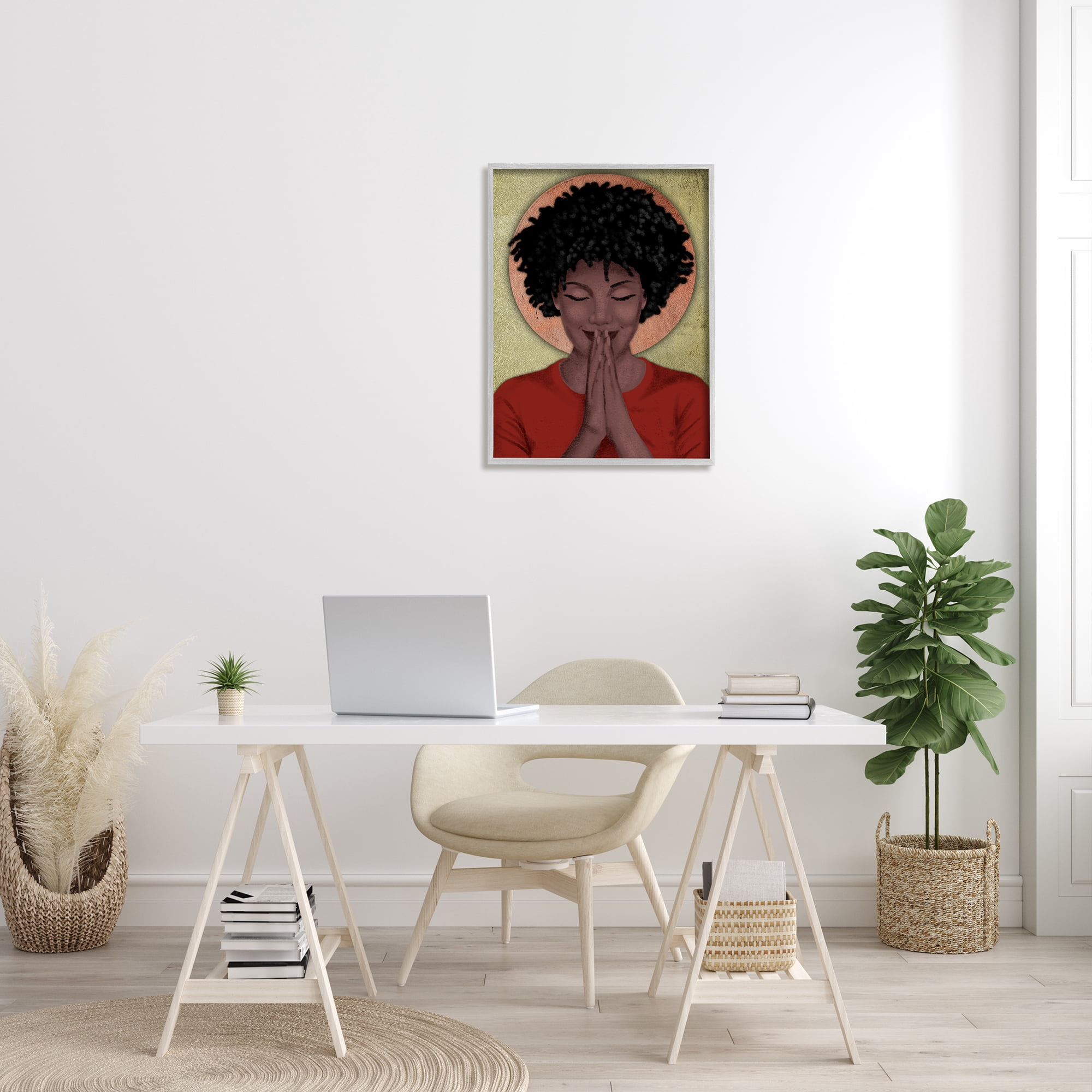 Stupell Industries Hopeful Woman in Prayer Geometric Sun Shape World Cultures Painting Gray Framed Art Print Wall Art, 24 x 30